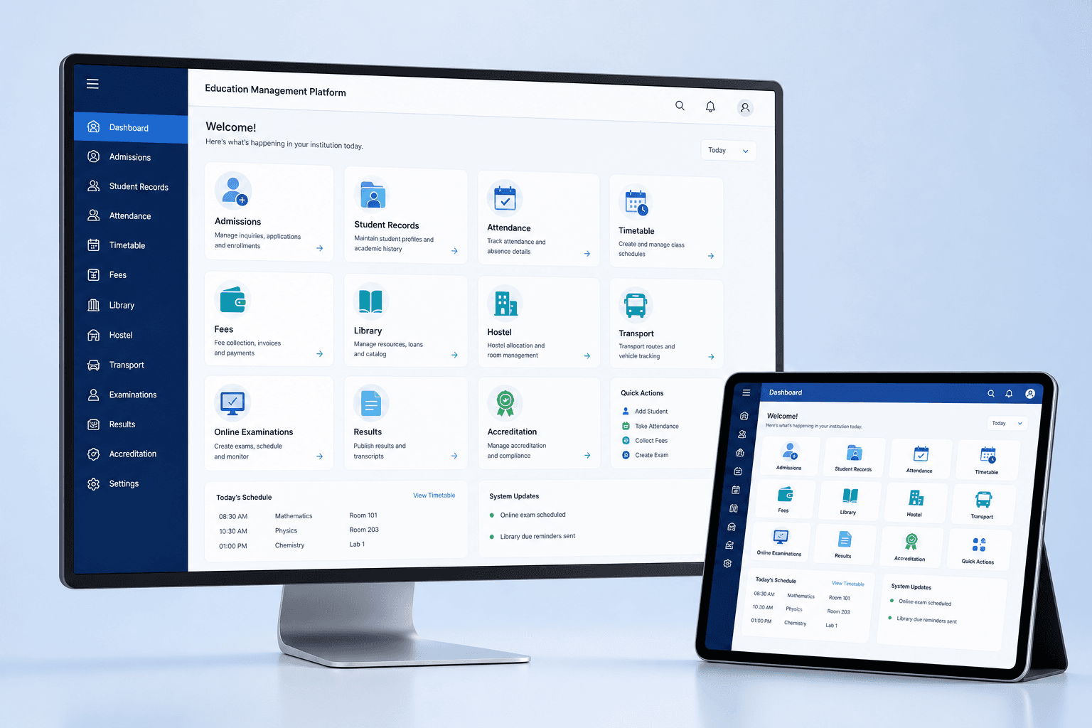 Education management platform dashboard showing admissions, attendance, fees, library, examinations and accreditation modules