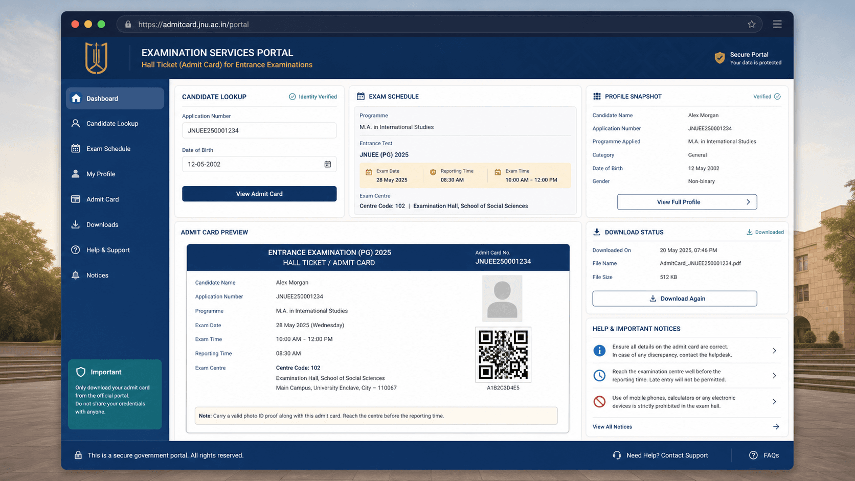 Conceptual secure admit card portal with candidate verification, examination schedule, hall ticket preview and download status